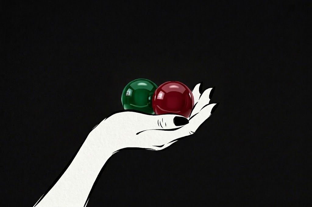 Een hand met rood gelakte nagels die twee glanzende, gelakte ballen vasthoudt — het Hungwell-symbool